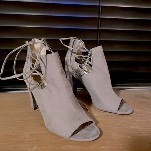 Grey sugar peep toe ankle wrap shoes
